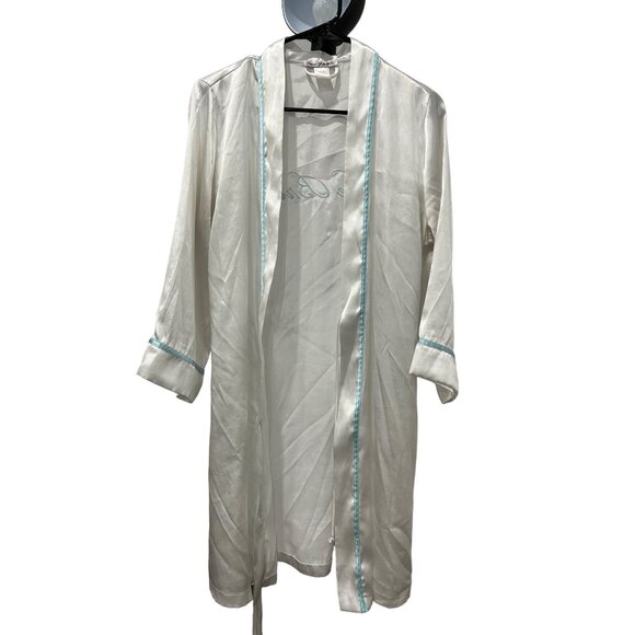 Linea Donatella The Bride White Satin Belted Robe Blue Trim Size Small Medium - Picture 2 of 8